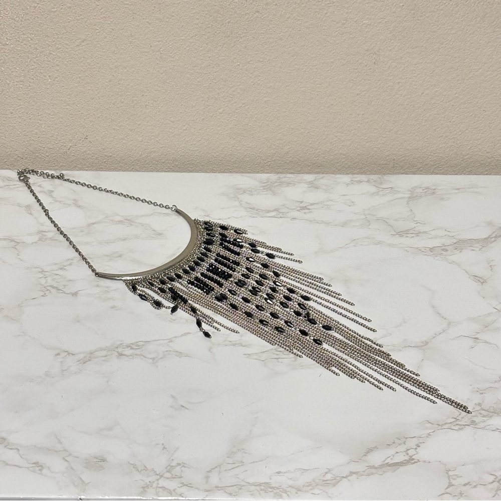 Silver and Black Fringe Statement Necklace - Women Accessories